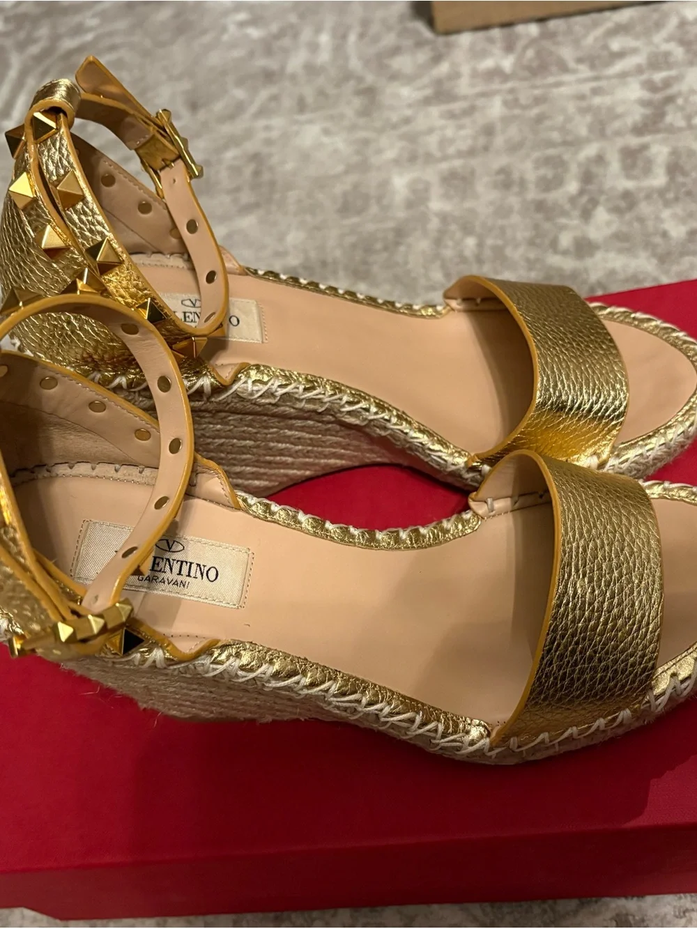 Valentino Gold Leather Ankle-Strap Wedge Espadrilles